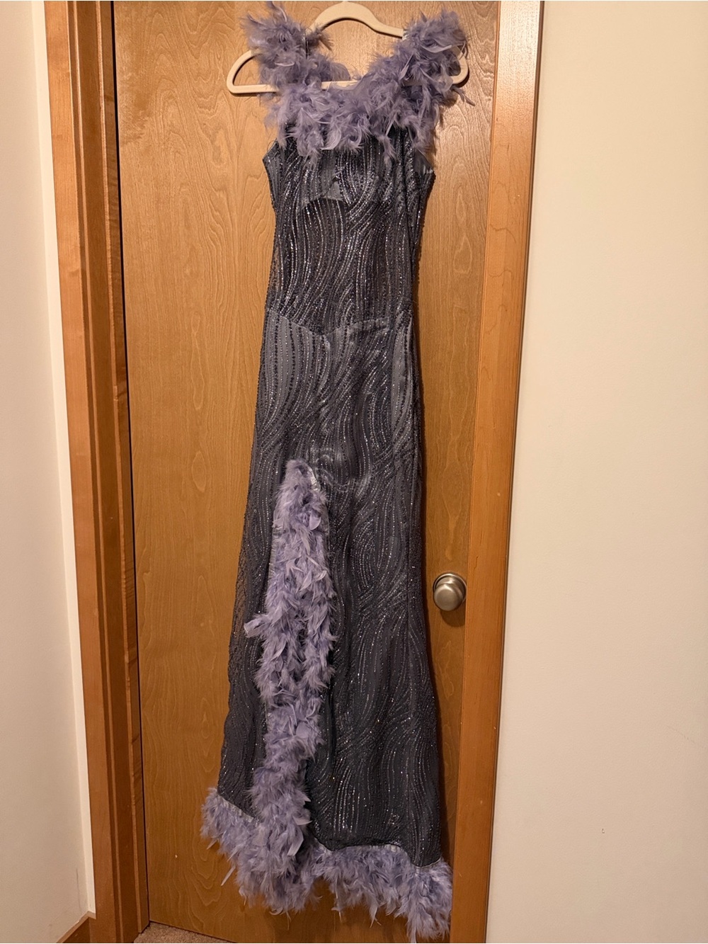Lavender Feather-Trim Beaded Evening Wedding Dress